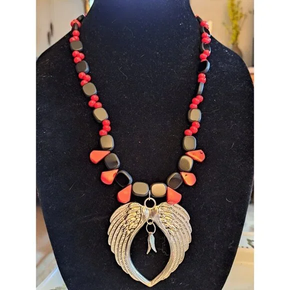 Handmade Angel Wings And Coral Necklace 22" - Picture 1 of 5